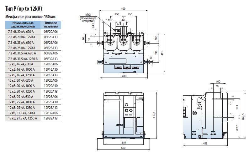 Размеры вакуумного выключателя MVL 7,2кВ, 20кА, 1250А